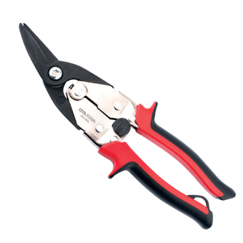 Cisaille à tôle aviation, coupe à gauche, longueur 250 mm, outils à manches rouge et noir avec lames noires.
