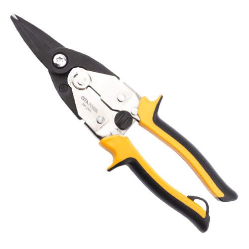 Cisaille à tôle aviation de coupe droite, manches ergonomiques noir et jaune, poignée à gouge et mécanisme pivotant. L. 250 mm.