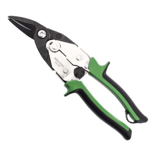 Cisailles à tôle aviation, coupe à droite, lame noire et corps métallique avec poignée verte et noire, outil de découpe.