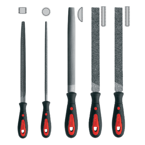Ensemble de 5 limes CETAFORM de 200 mm avec manches noir et rouge, incluant lime ronde, demi-rond, et limes à perforations variées pour ponçage et affûtage.