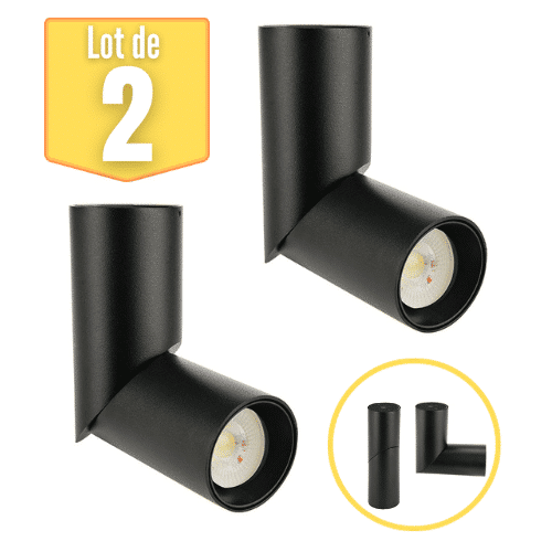 Lot de 2 spots plafonniers tubes GU10 noir, éclairage spot orientable avec connexion en L, IP20.