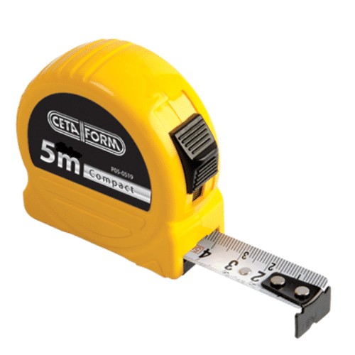 Mètre ruban compact de 5 m en acier, largeur 16 mm, double arrêt, rôle d’enroulement jaune avec graduation lisible.