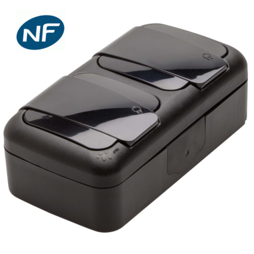 Double prise 2P+T étanche IP54 noir