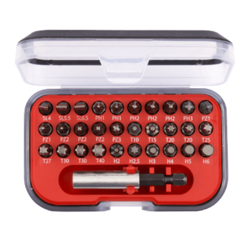 Coffret compact d'embouts de vissage 31 pièces CETAFORM avec rangée d'embouts hexagonaux et cruciformes sur fond rouge, boîtier translucide.