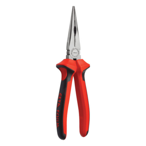 Pince à bec long CETAFORM Duotech 160 mm en acier avec manches rouges et grip noir, outil d’électronique/technique.
