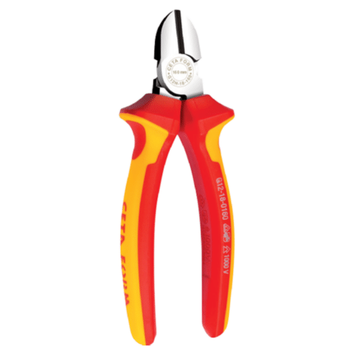 Pince coupante diagonale VDE 1000V à poignée DUOTECH L.160mm, rouge et jaune, mèches en acier brillant.