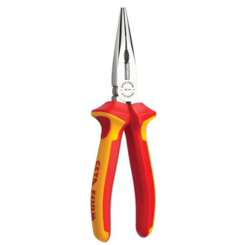 Pince à bec long CETAFORM L.200mm isolée 1000V, poignée Duotech, avec ventouses rouges et jaunes.