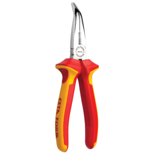 Pince à bec coudé CETAFORM isolée 1000V avec poignée DUOTECH rouge et jaune, vue de face.