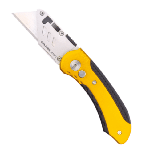 Cutter pliable en aluminium avec lame trapézoïdale L.158 mm, poignée jaune et noir ergonomique.