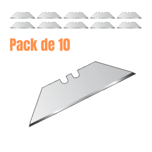 Pack de 10 lames de cutter trapézoïdales L.60mm, vue d’ensemble montrant les 10 lames et une lame centrale en premier plan.