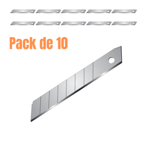 Pack de 10 lames de cutter L.108mm, affichage produit avec lames en rangées et texte « Pack de 10 ».