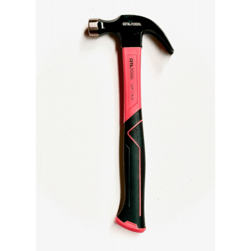 Marteau arrache clous fibre de verre L.335 mm, noir et rose, tête en métal, manche ergonomique avec grip antidérapant rose.