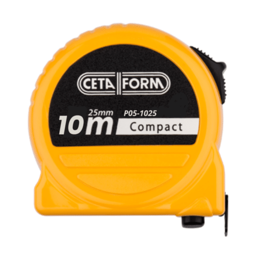 Mètre ruban compact 10 m CETAFORM, jaune, with black label showing 25 mm, P05-1025 et Compact.