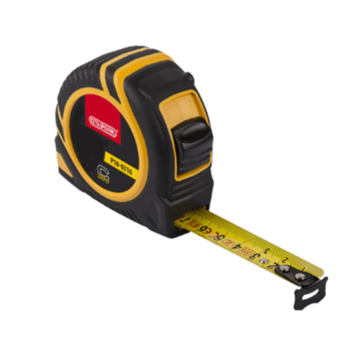 Mètre ruban compact 5 m CETAFORM: boîtier noir et jaune avec ruban métallique extensible et bloqueur.