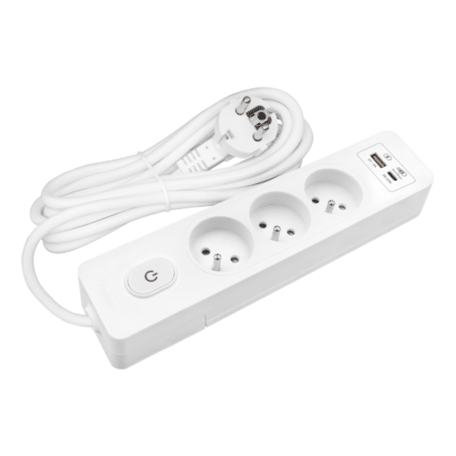 Multiprise SELDUR G3FH32B, 3 prises avec interrupteur, USB A+C charge rapide 20W, Blanc, câble 3m