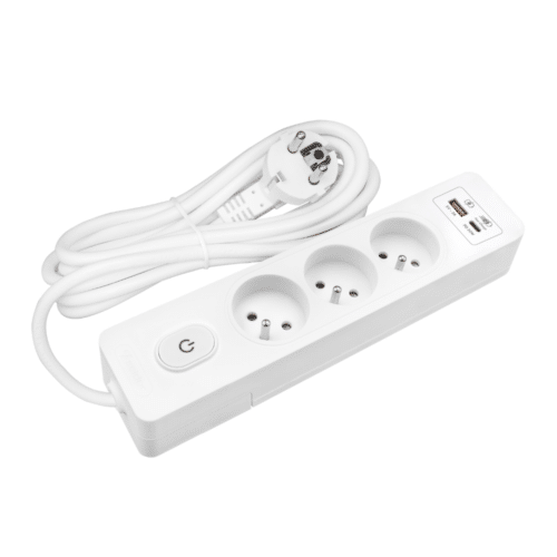 Multiprise SELDUR 3 prises + interrupteur, USB A+C, Blanc, câble 5m