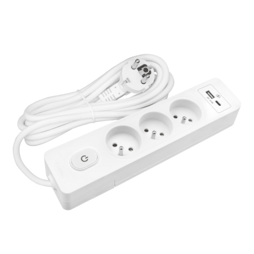 Multiprise, 3 prises + interrupteur, USB A+C charge standard 12W, Blanc, câble 3m