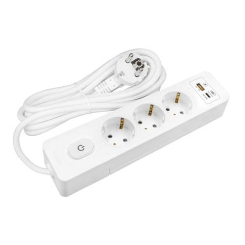 Multiprise, 3 prises type F + interrupteur, USB A+C charge rapide 20W, Blanc, câble 5m
