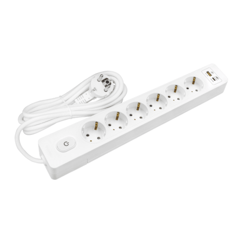 Multiprise, 6 prises type F + interrupteur, USB A+C charge rapide 20W, Blanc, câble 1.5m