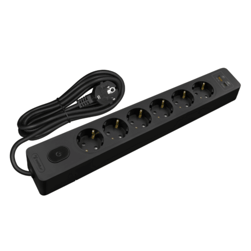 Multiprise, 6 prises type F + interrupteur, USB A+C charge rapide 20W, Noir, câble 1.5m