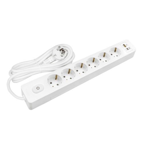Multiprise, 6 prises type F + interrupteur, USB A+C charge rapide 20W, Blanc, câble 2m