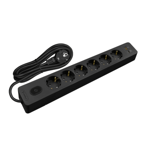 Multiprise, 6 prises type F + interrupteur, USB A+C charge rapide 20W, Noir, câble 2m