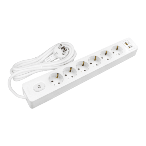 Multiprise, 6 prises type F + interrupteur, USB A+C charge rapide 20W, Blanc, câble 3m