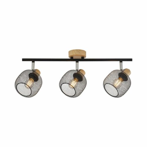Plafonnier LED décoratif 3xE14 en métal noir et bois naturel pour intérieur contemporain