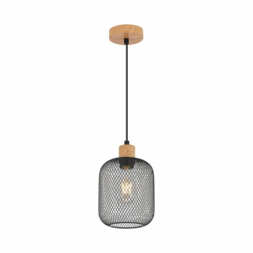 Suspension LED décorative 1xE27 en métal noir et bois naturel pour intérieur moderne