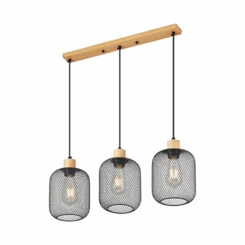 Suspension LED décorative 3xE27 en métal noir et bois naturel pour salle à manger ou espace modern