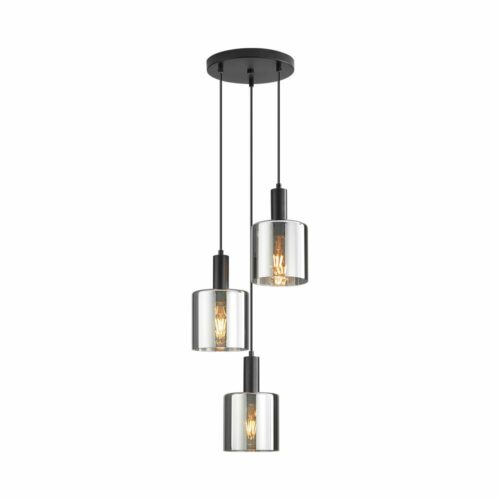 Suspension décorative avec 3 ampoules E27 en verre fumé et structure métallique, éclairage élégant pour intérieur contemporain