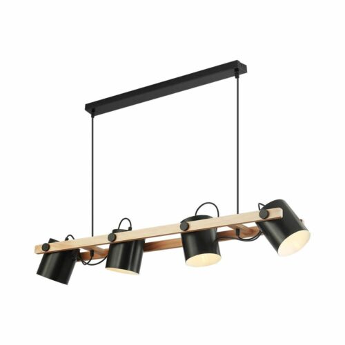 Suspension décorative en bois et métal noir – 4 douilles E27 – Modèle BV02-00010 pour éclairage intérieur élégant