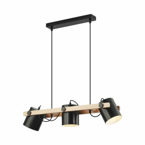 Suspension décorative noire et bois naturel – 3 douilles E27 – Modèle BV02-00011 pour éclairage intérieur moderne