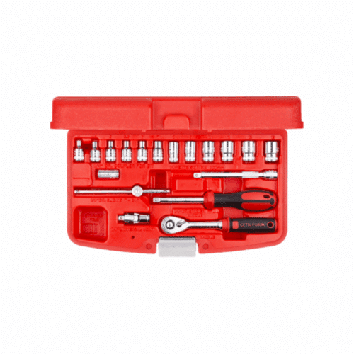 Coffret rouge Cetaform 1/4”: cliquet et set complet de douilles et accessoires organisés dans le boîtier.