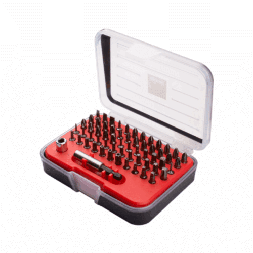Coffret CB/ST61: set de 61 embouts de vissage professionnels avec accessoires dans étui rouge et transparent.