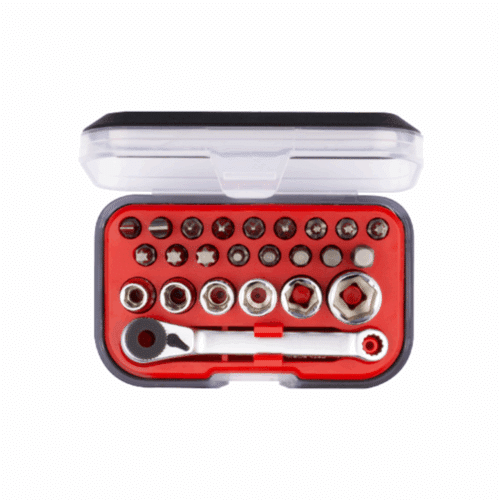 Coffret porte-outils rouge contenant 25 pièces: mini-douilles et embouts avec clé à cliquet