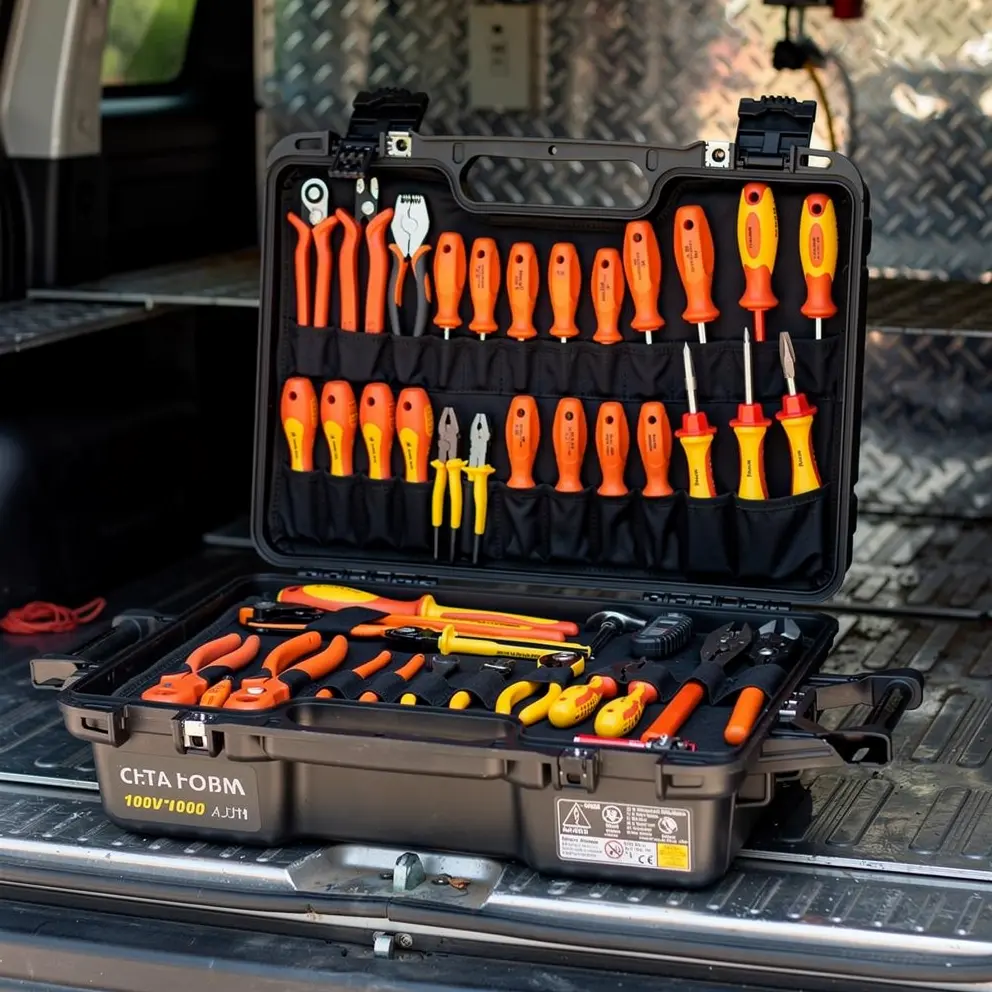 Mallette d'outils isolés 1000V pour électricien professionnel sur un établi de chantier