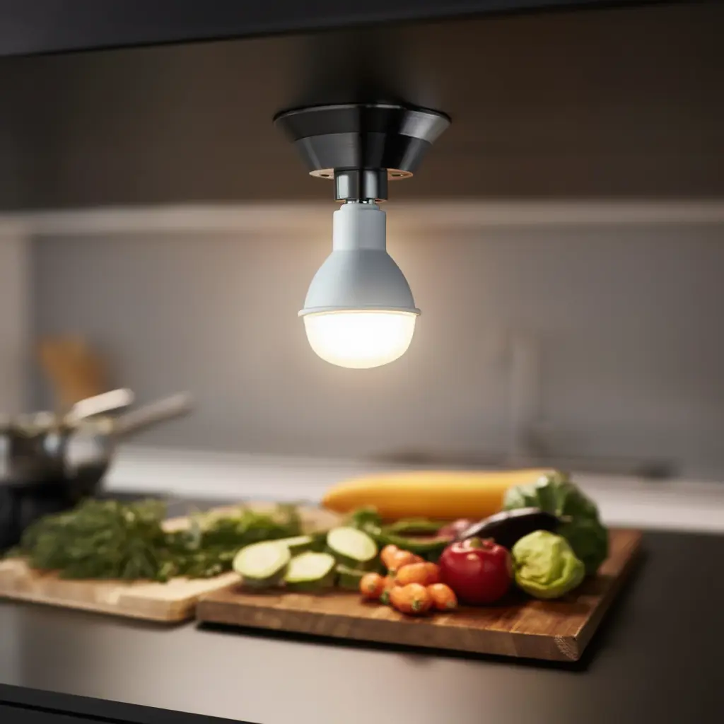 Ampoule LED GU10 diffusant une lumière blanc chaud dans une cuisine moderne