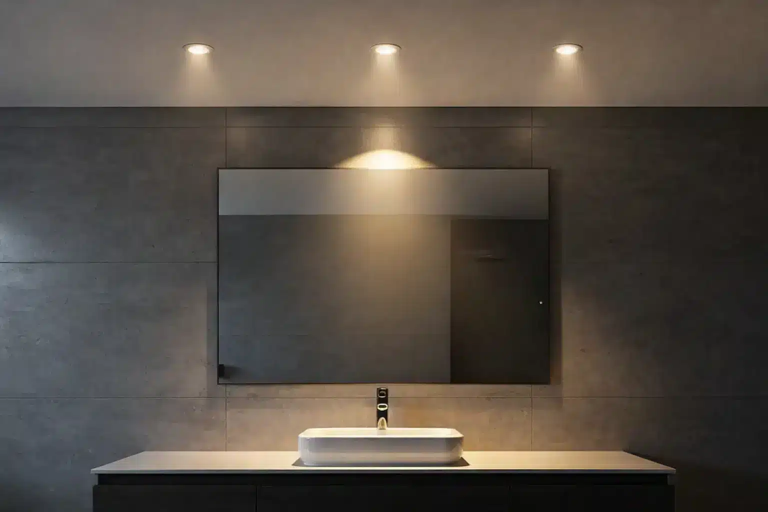 Salle de bains moderne avec grande façade miroir, lavabo sur plan vasque blanc et éclairage encastré au plafond sur murs gris. Salle de bains moderne avec grande façade miroir, lavabo sur plan vasque blanc et éclairage encastré au plafond sur murs gris.