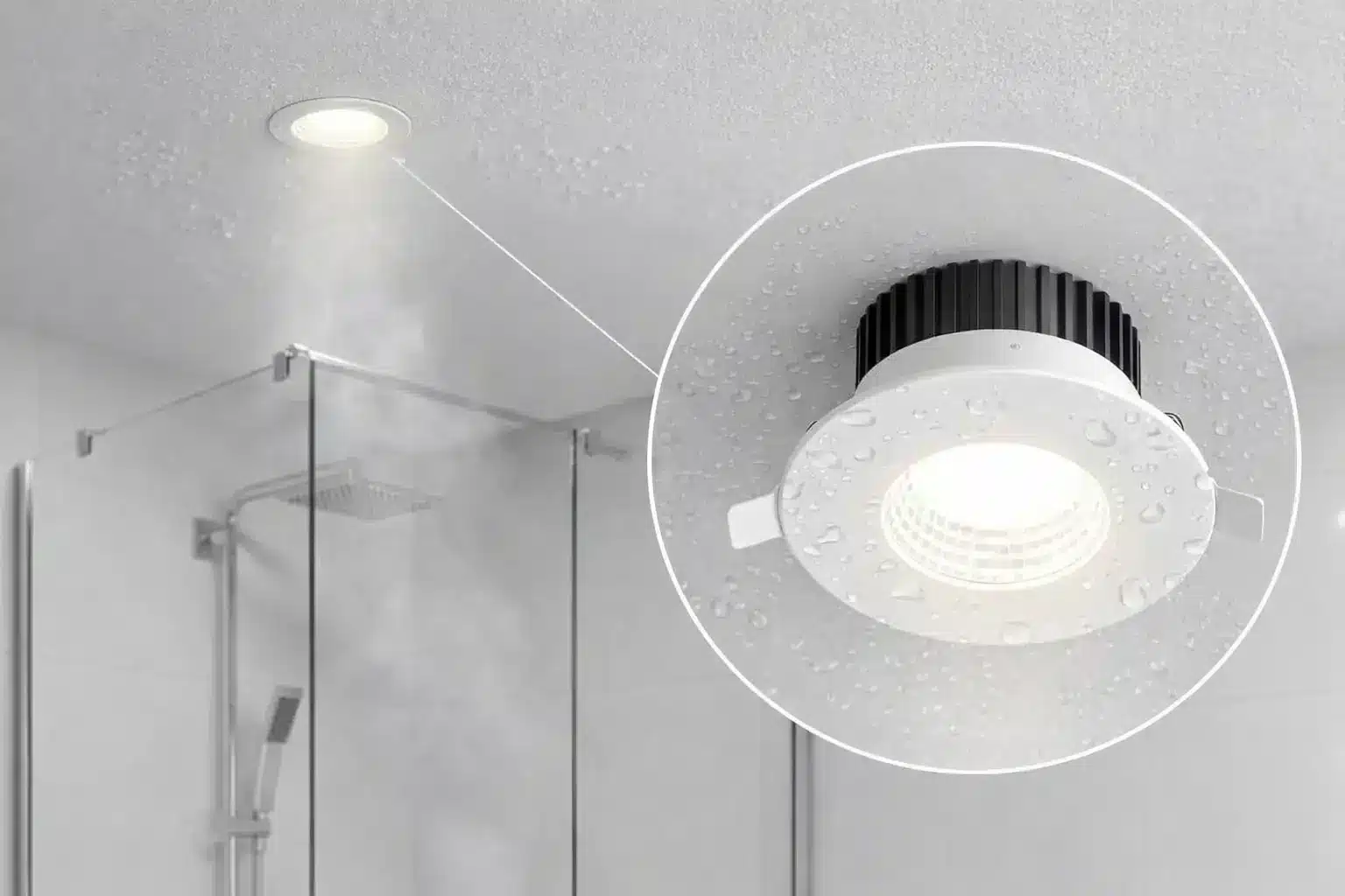 Spot LED encastrable moderne avec dissipateur noir, installé au plafond d’une salle de bains/ douche, zone humide avec éclaboussures d’eau. Spot LED encastrable moderne avec dissipateur noir, installé au plafond d’une salle de bains/ douche, zone humide avec éclaboussures d’eau.