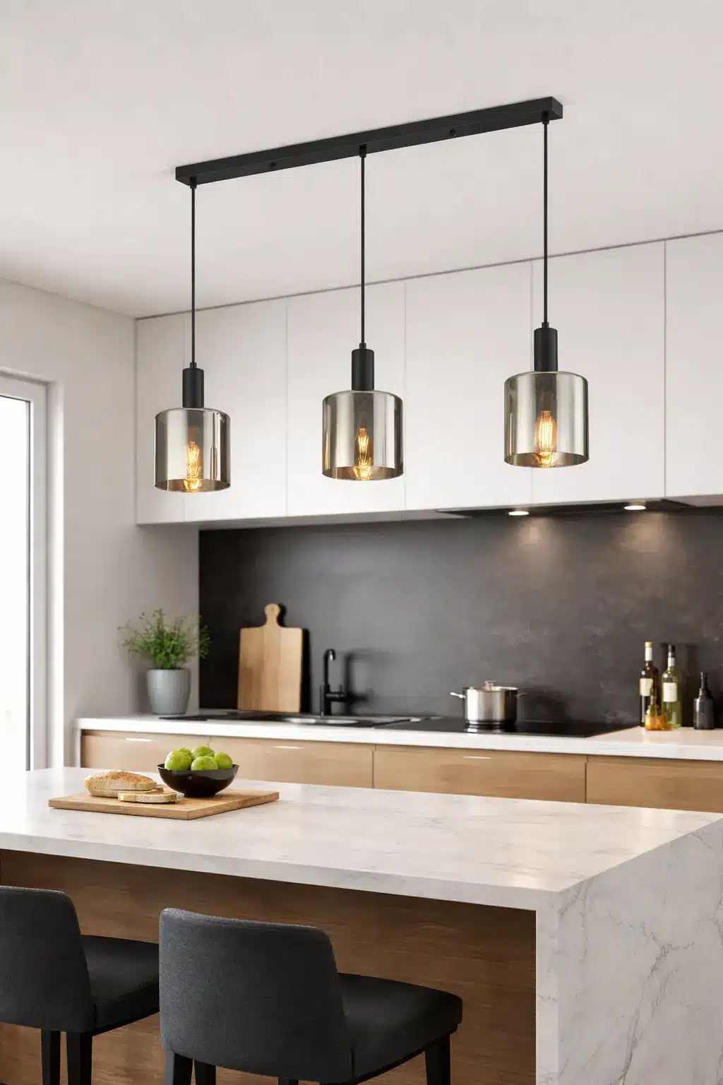 Suspension lumineuse à trois abat-jours cylindriques métalliques au-dessus d’un îlot de cuisine en marbre avec plan de travail blanc et tabourets noirs. Suspension lumineuse à trois abat-jours cylindriques métalliques au-dessus d’un îlot de cuisine en marbre avec plan de travail blanc et tabourets noirs.