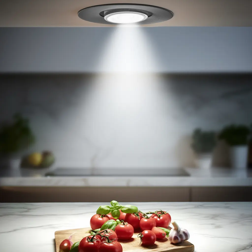 Ampoule LED spot éclairant un plan de travail de cuisine moderne