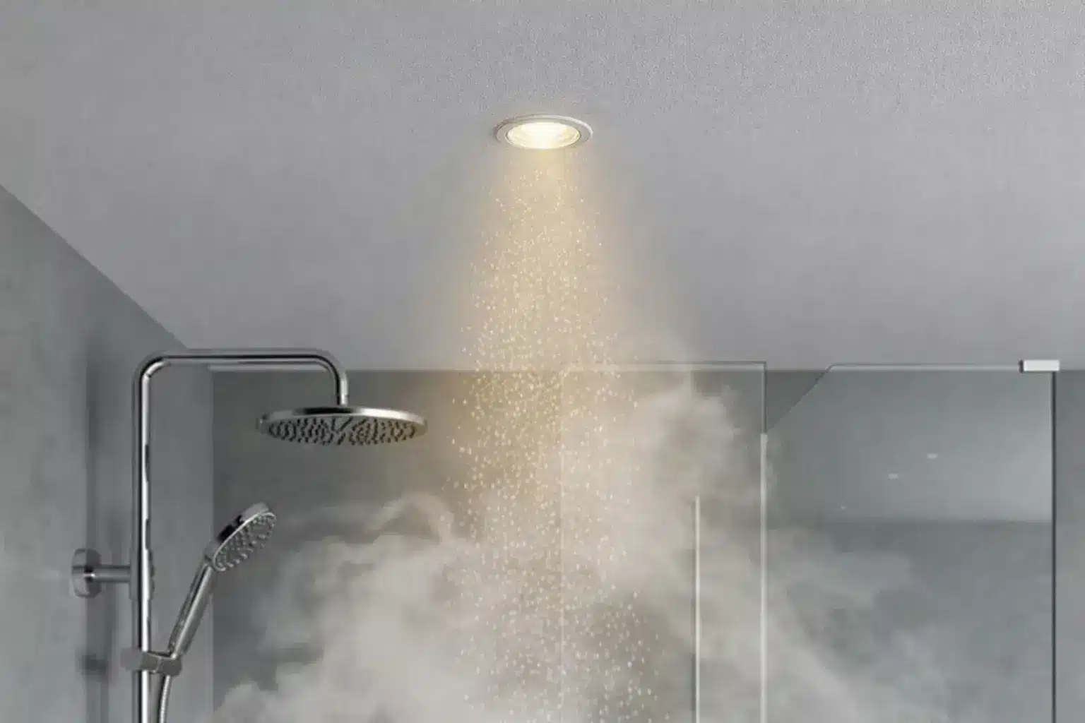 Lumière de douche LED encastrée au plafond, pluie fine d’eau chaude sous une grande pomme de douche ronde, cabinet de douche en verre à gauche. Lumière de douche LED encastrée au plafond, pluie fine d’eau chaude sous une grande pomme de douche ronde, cabinet de douche en verre à gauche.