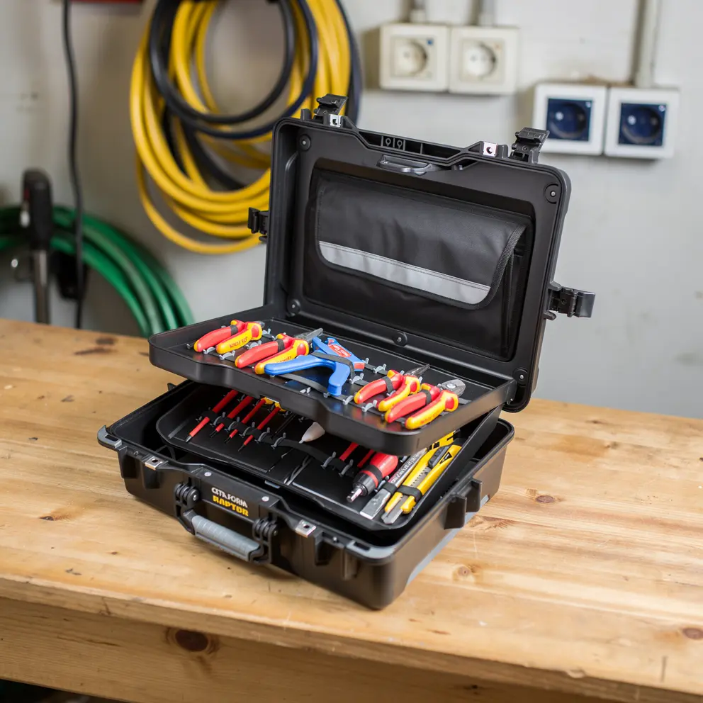 Mallette d'outils électricien professionnelle ouverte sur un établi d'atelier