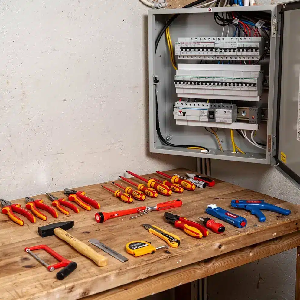 Kit d'outils d'électricien professionnel disposé sur un établi près d'un tableau électrique