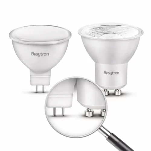 ampoules LED Braytron avec connecteur GU10 et GU5.3. Focus dans loupe montrant les culots