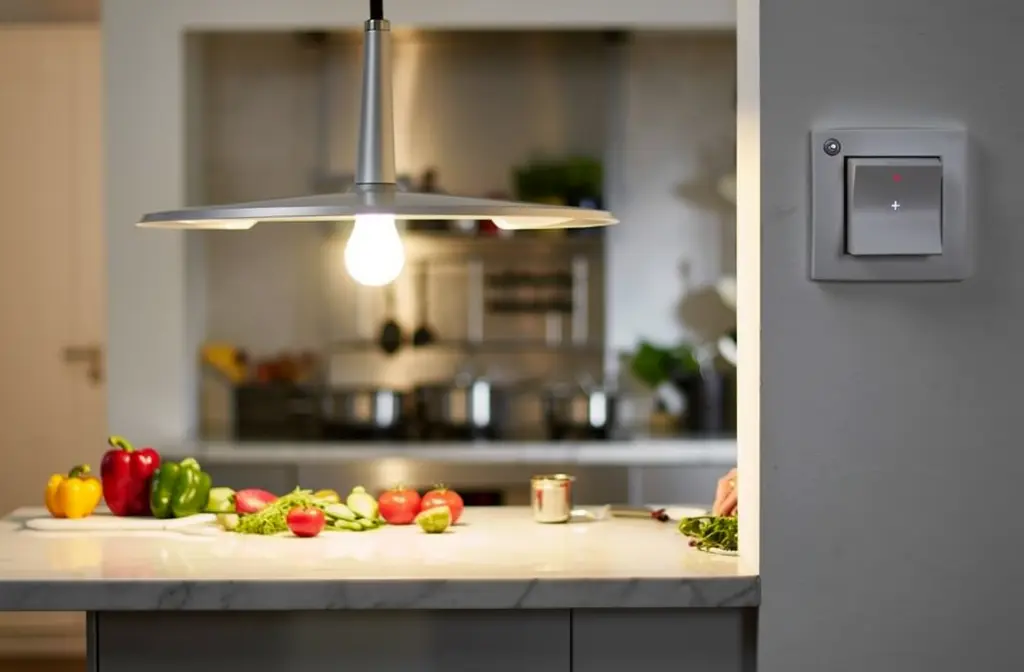 Ampoule LED suspendue éclairant un îlot de cuisine moderne, compatible avec variateur d'intensité.
