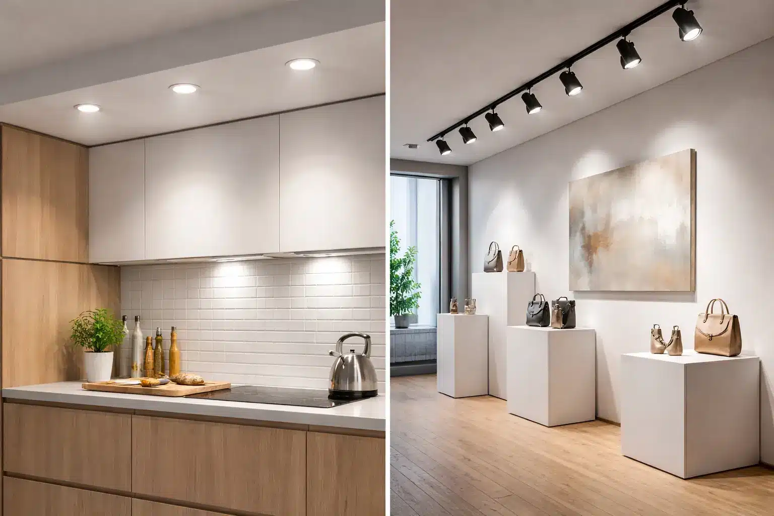 Cuisine moderne avec plan de travail en bois et rangements gris, évier et bouilloire; côté droit, boutique d’accessoires et sacs sur socles blancs, éclairage spot noir.