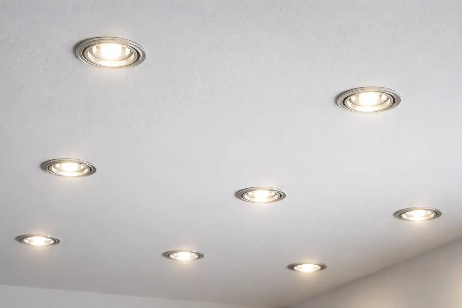 Plafond blanc avec huit spots encastrés LED émettant une lumière chaude, répartis en motif libre.