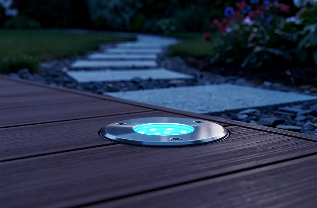 Spot LED encastrable bleu installé dans une terrasse extérieure en bois.